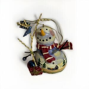 Christmas Ornament Hand Painted Ceramic Snowman With Branch & Bird Presents
